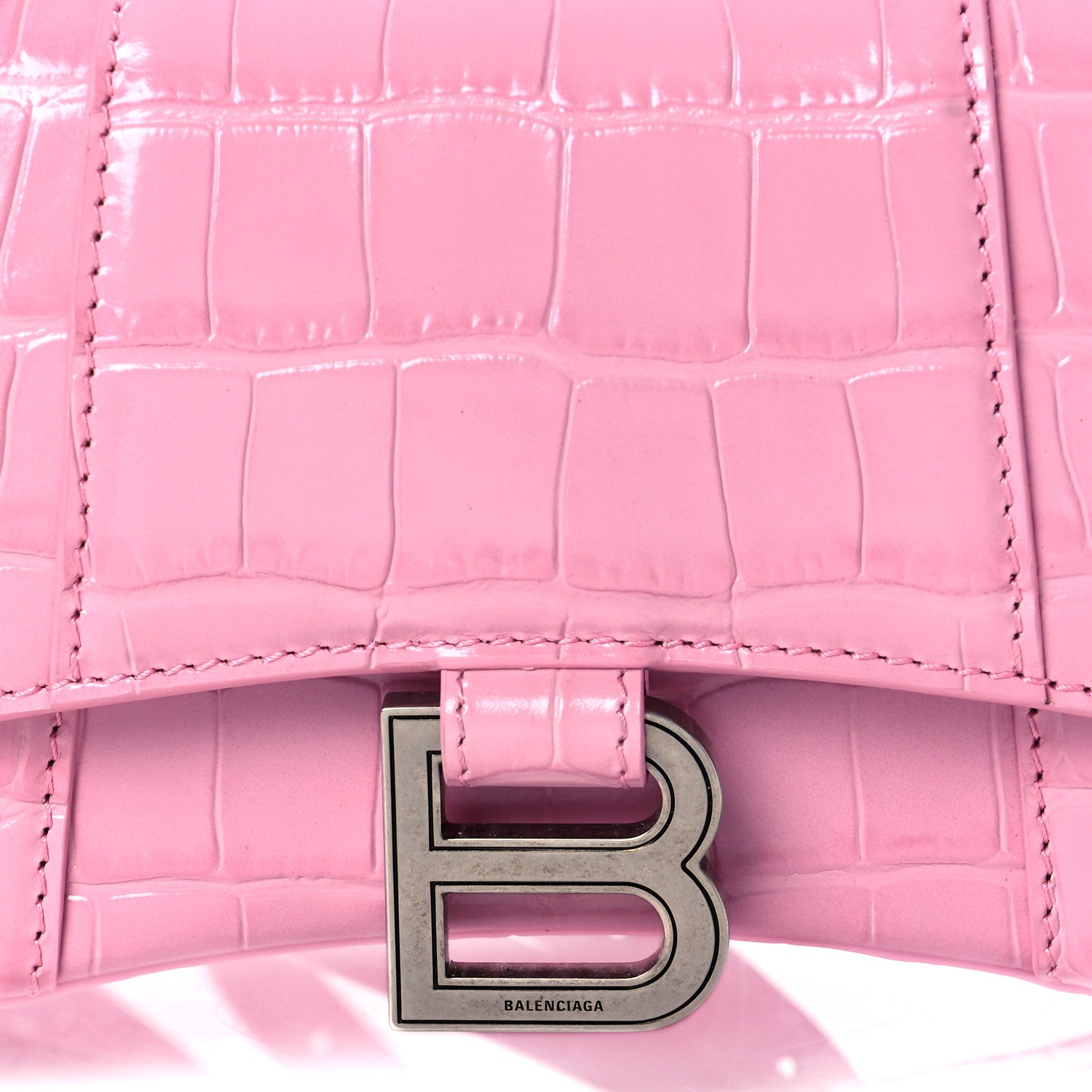 Balenciaga Shiny Calfskin Crocodile Embossed Hourglass Top Handle Bag XS Candy Pink 8 of 10