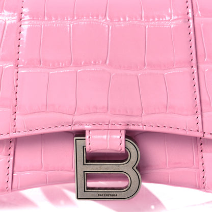 Balenciaga Shiny Calfskin Crocodile Embossed Hourglass Top Handle Bag XS Candy Pink 8 of 10