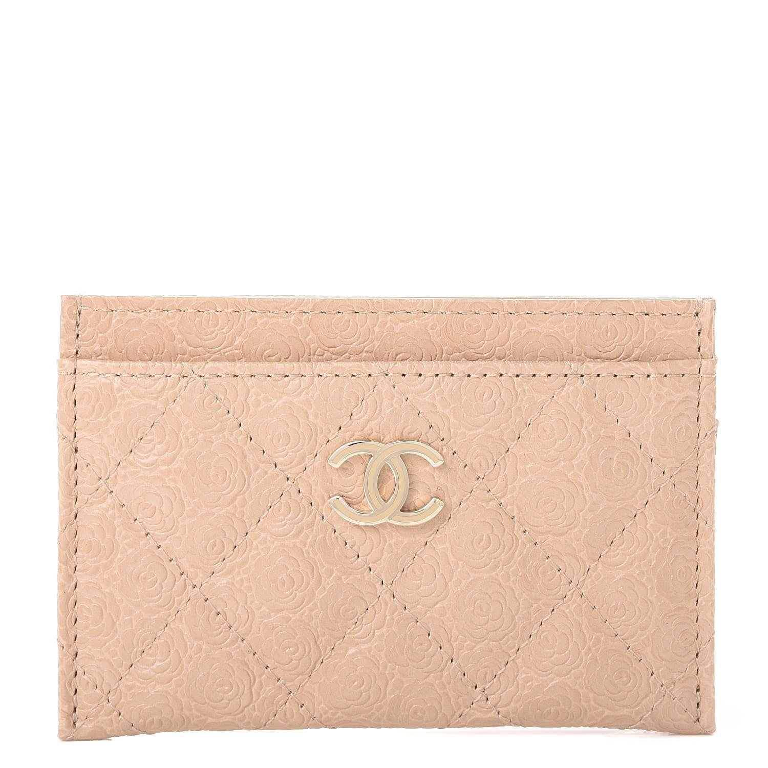 Chanel Camellia Calfskin Embossed Quilted Card Holder Beige 1 of 9