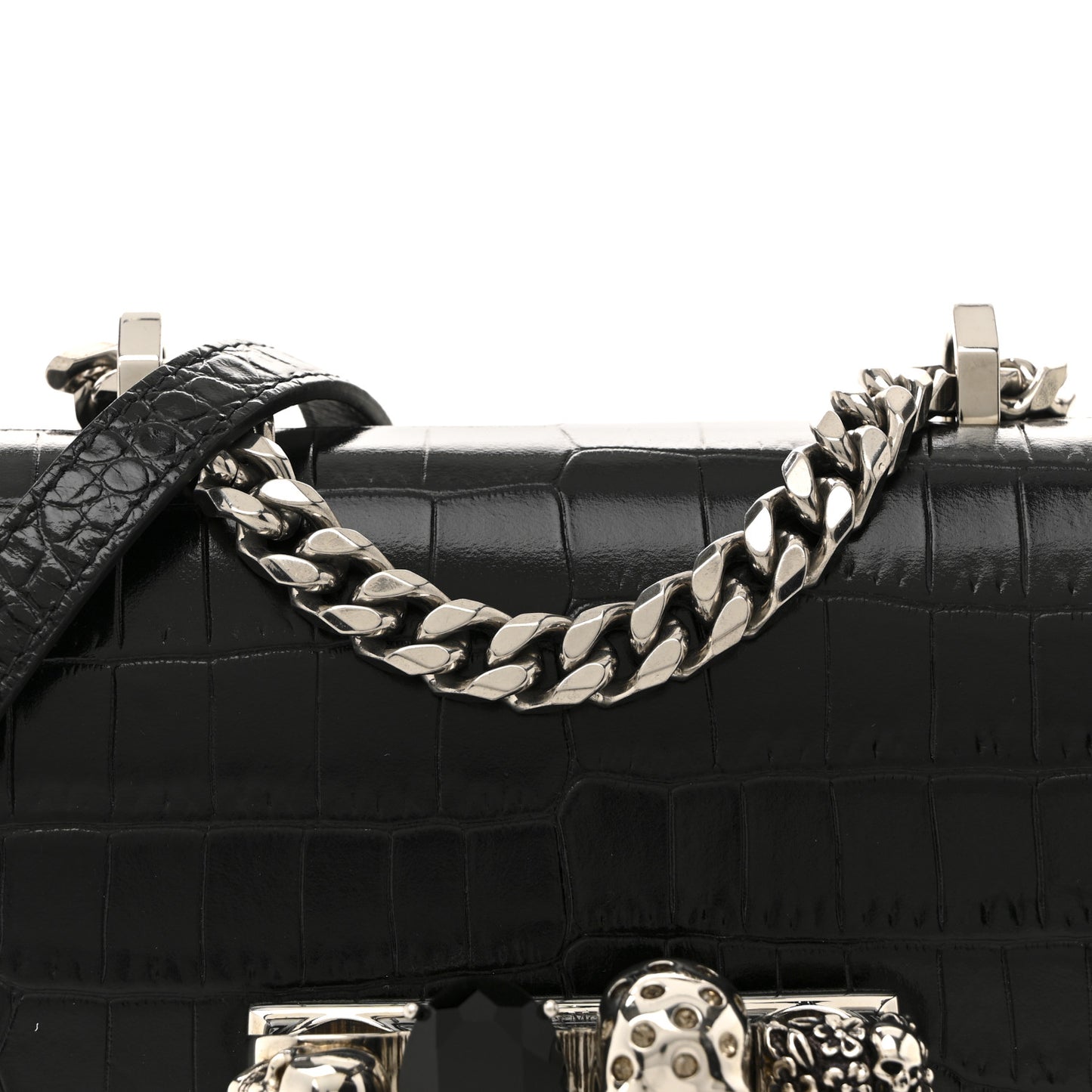 Shiny Calfskin Crocodile Embossed Mini Jeweled Satchel  Black