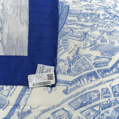 Hermes Cashmere Silk La Cite Cavaliere Shawl 140 Bleu Roy White Encre 3 of 4