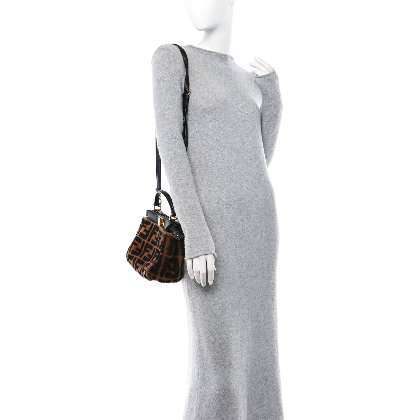 Shearling Nappa Macro FF 1974 Mini Peekaboo Iconic Satchel Tobacco Black