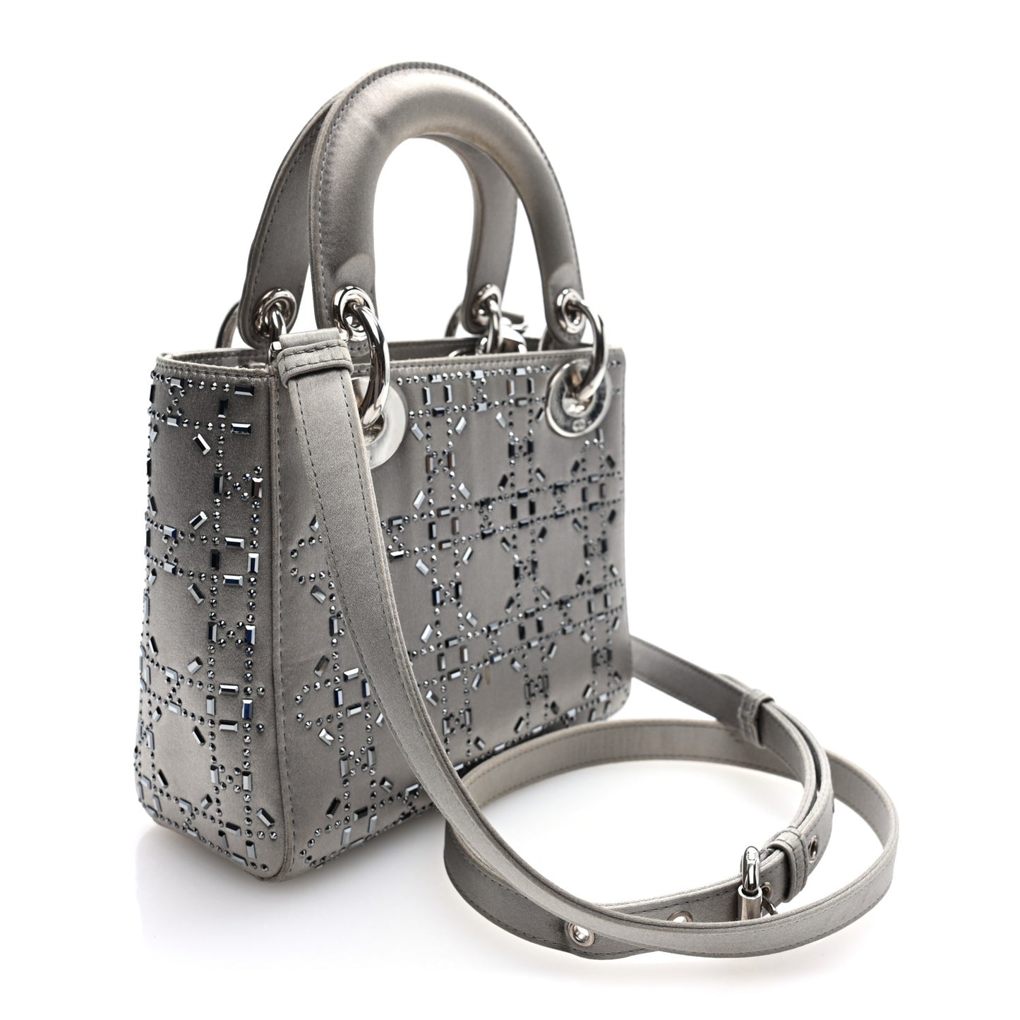 Satin Crystal Cannage Mini Lady Dior Gray