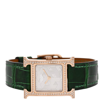 Hermes 18K Rose Gold Alligator Diamond Bezel 21mm Heure H Hour Quartz Watch Vert Moyen 2 of 5
