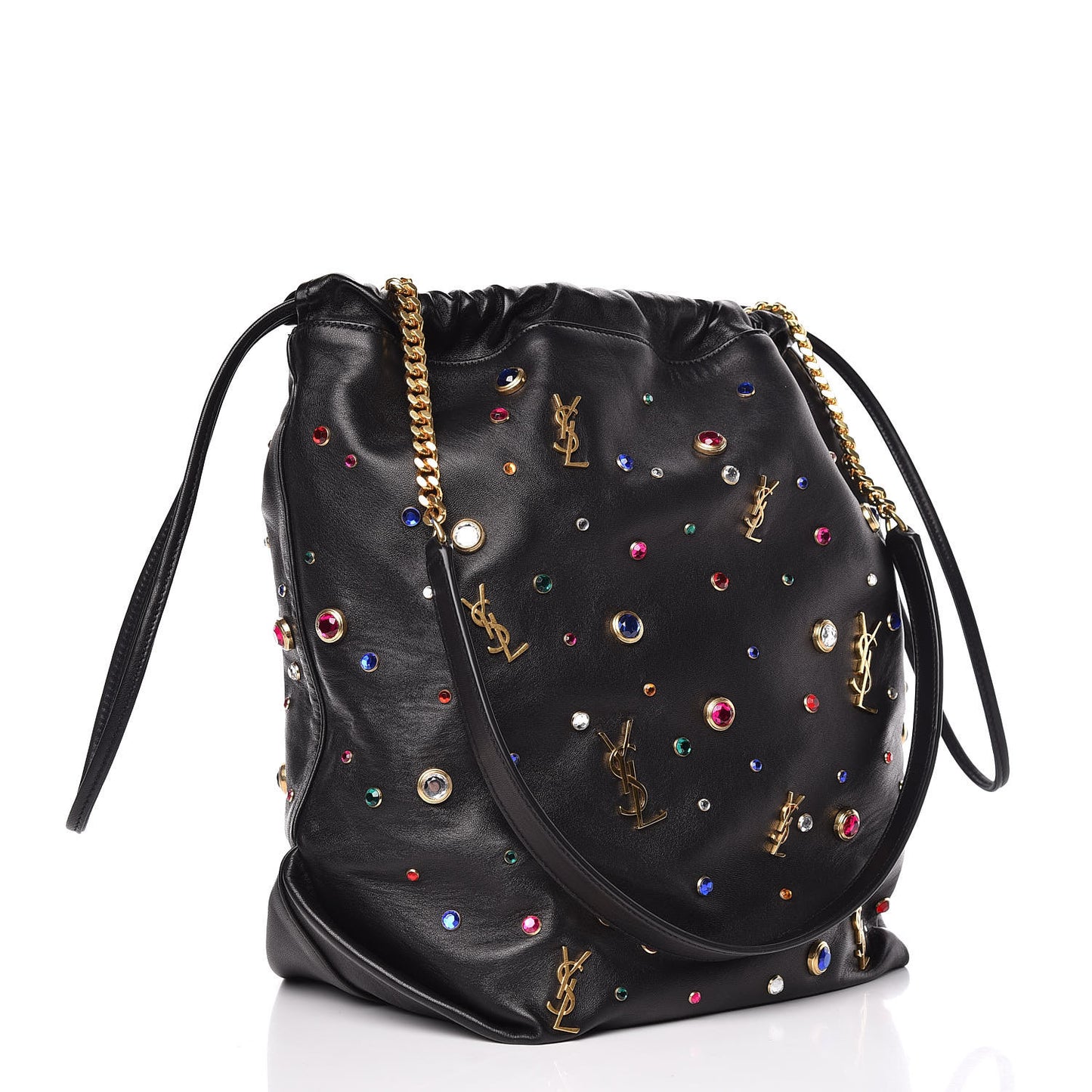 Lambskin Charm Studded Teddy Drawstring Bag Black