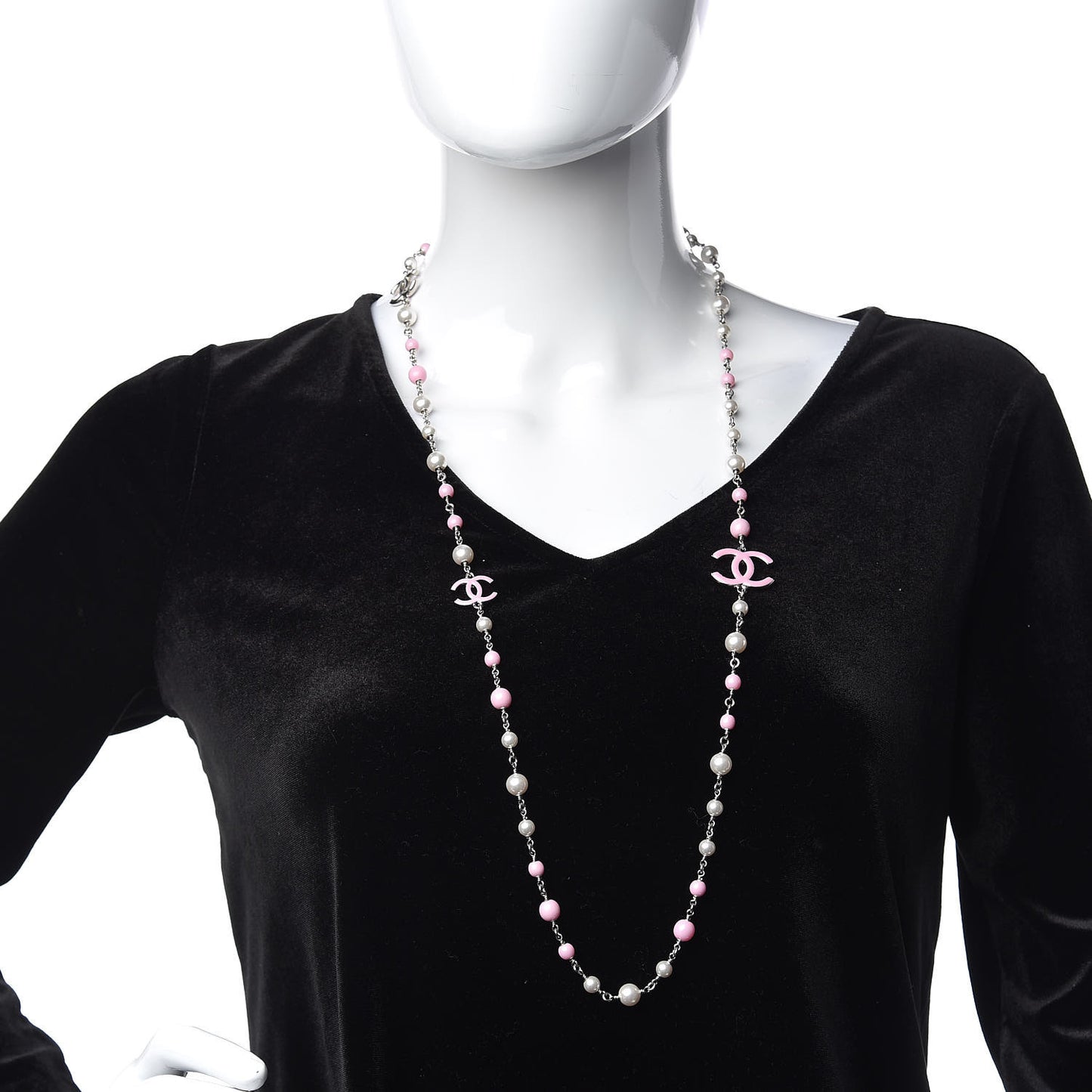 Pearl Beaded Enamel CC Long Necklace Silver Pink