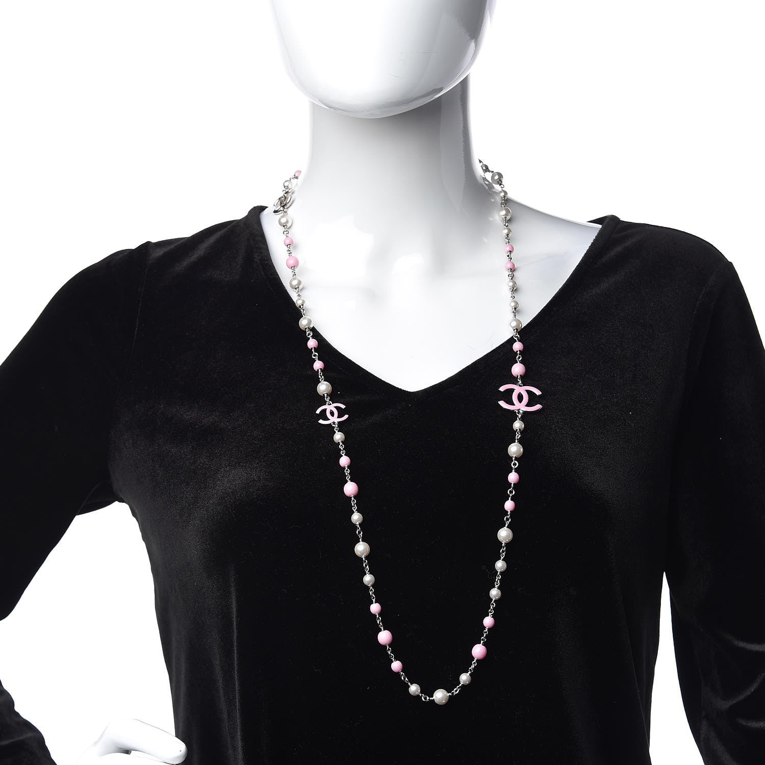 Chanel Pearl Beaded Enamel CC Long Necklace Silver Pink 2 of 6