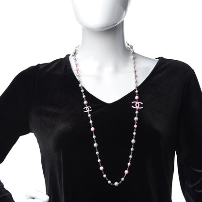 Chanel Pearl Beaded Enamel CC Long Necklace Silver Pink 2 of 6