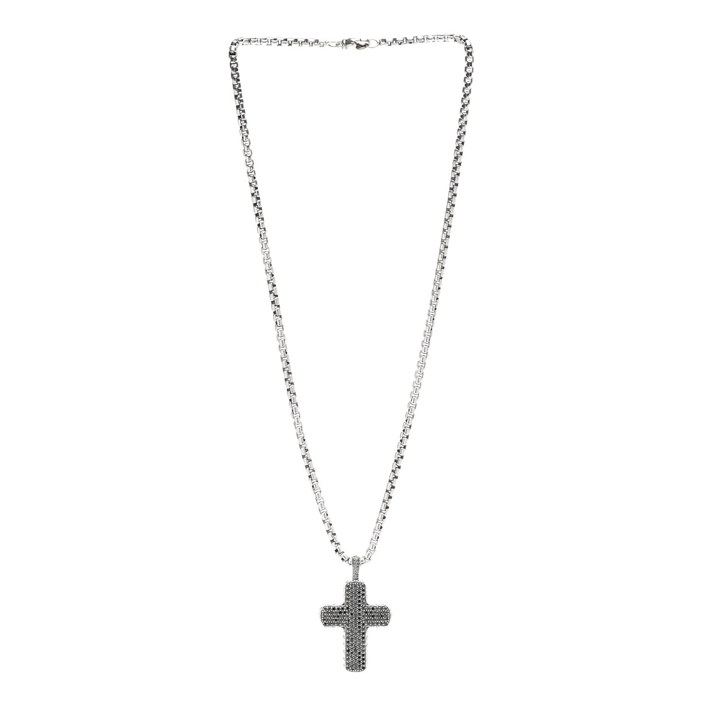 Sterling Silver Black Diamond Chevron Cross Pave Pendant Necklace