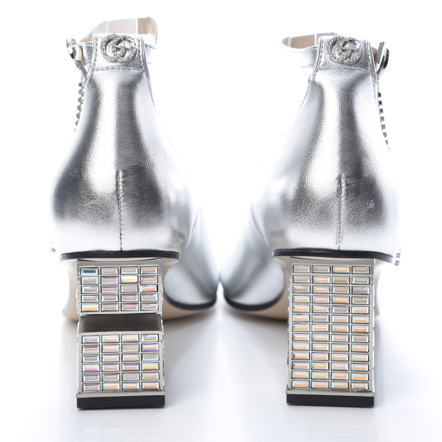 Gucci Metallic Nappa Crystal Square G Mid Heel Pumps 38 Silver 5 of 11