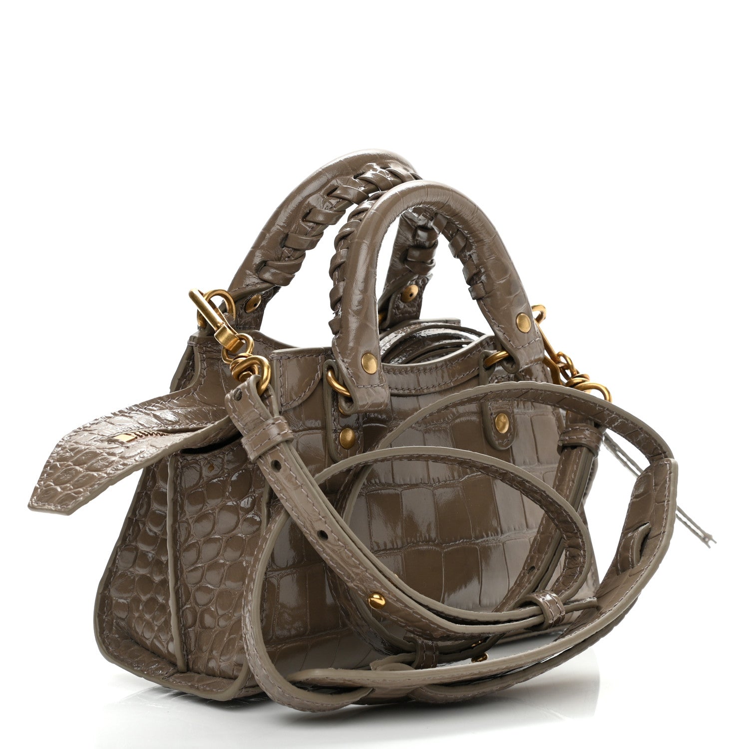 Balenciaga Shiny Supple Calfskin Crocodile Embossed Neo Classic Gold Hardware Nano City Crossbody Mink Grey 3 of 9