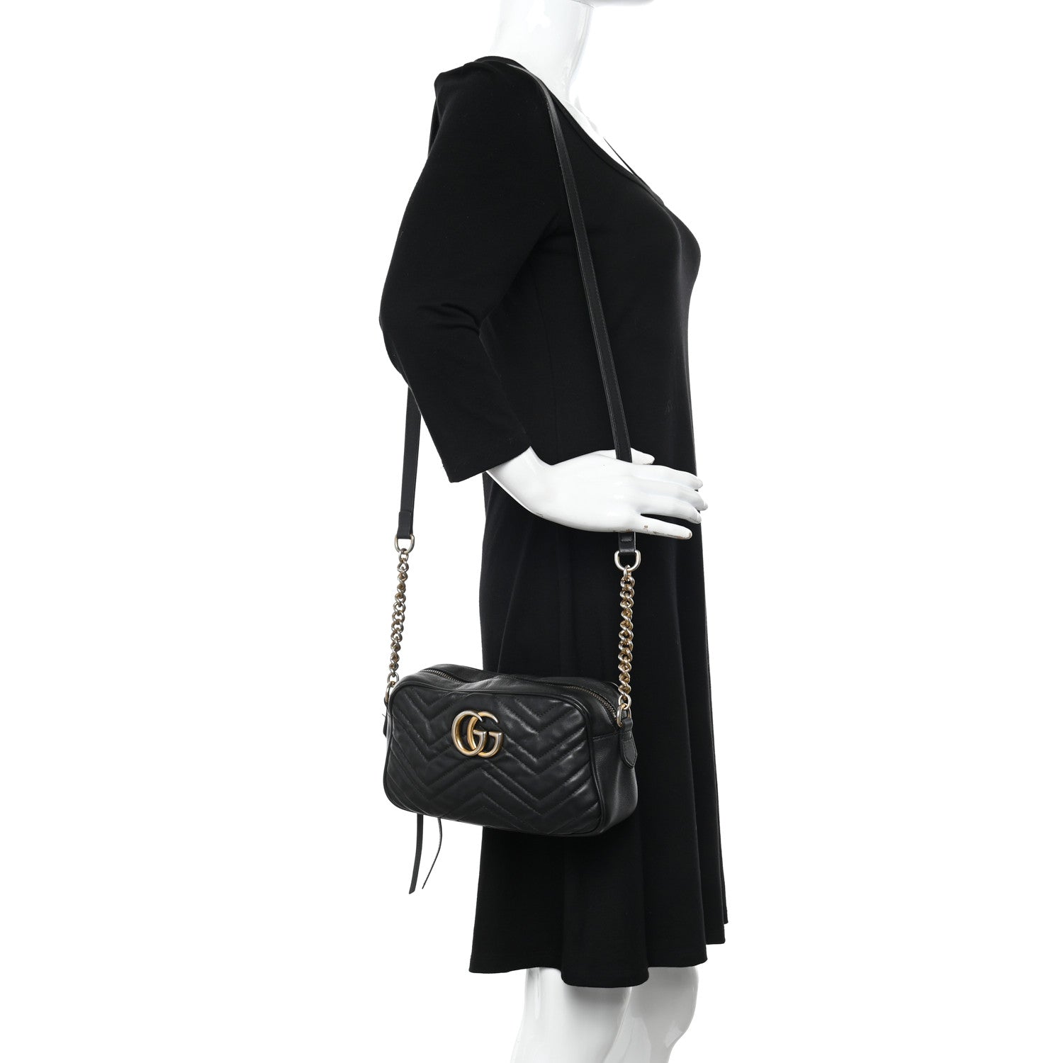 Gucci Calfskin Matelasse Small GG Marmont Chain Shoulder Bag Black 2 of 14