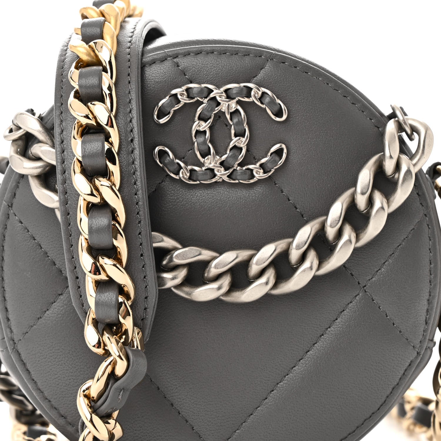 Chanel Lambskin Quilted Chanel 19 Round Clutch With Chain Grey 8 of 10