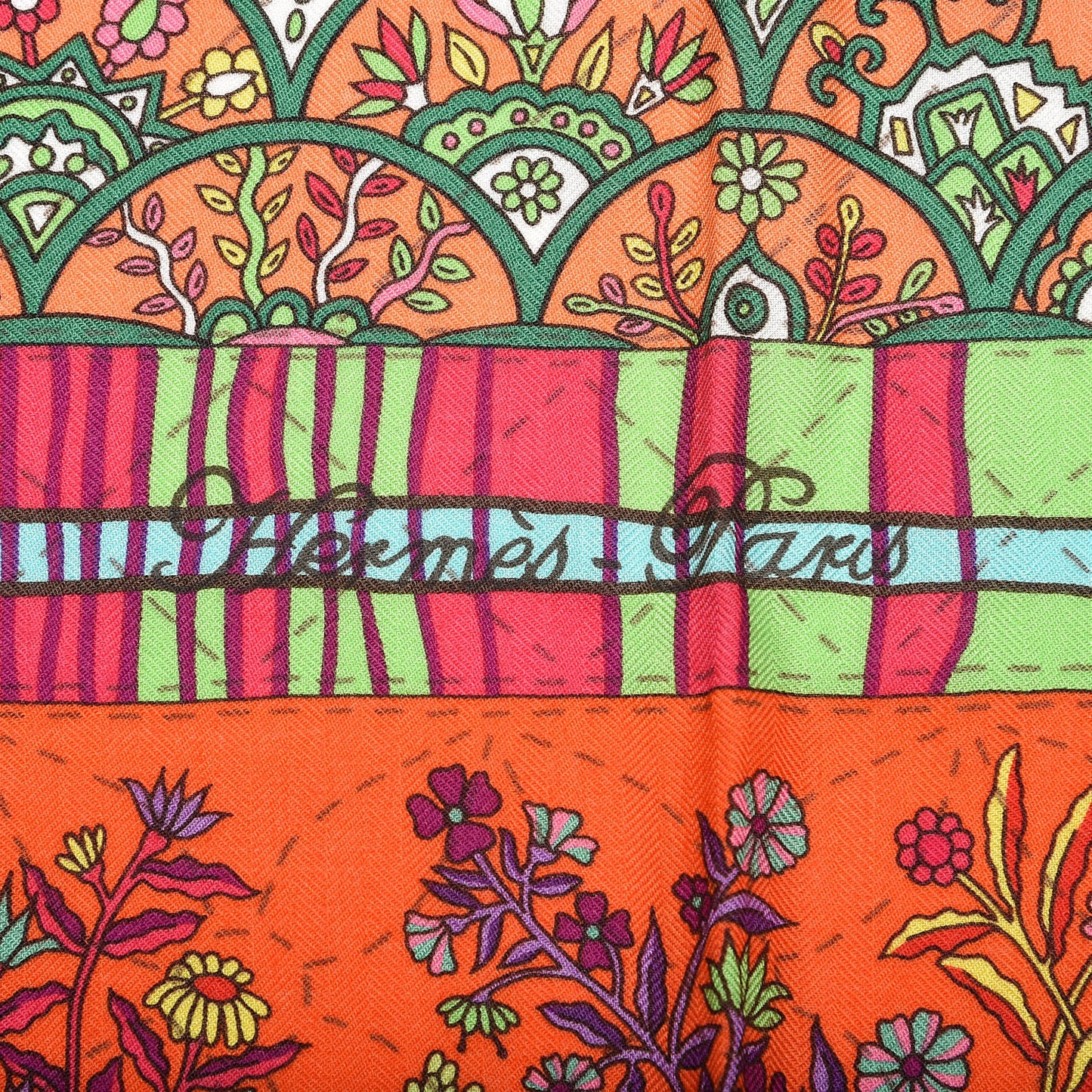 Cashmere Silk Pique Fleuri de Provence Shawl 140 Rouge Orange Turquiose