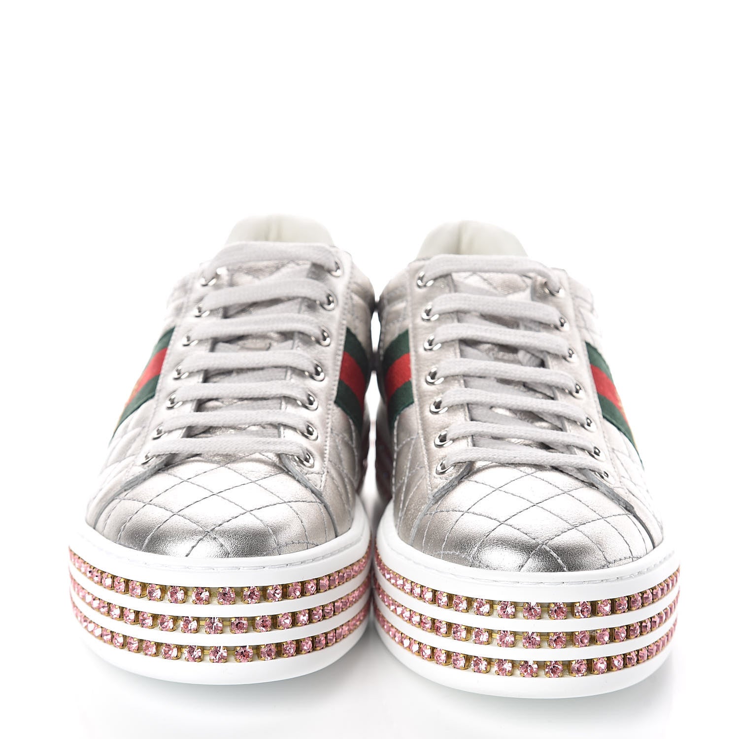 Gucci Laminated Nappa Crystal Web Bee Embroidered Trapuntata Womens Ace Platform Sneakers 38.5 Argento 2 of 7
