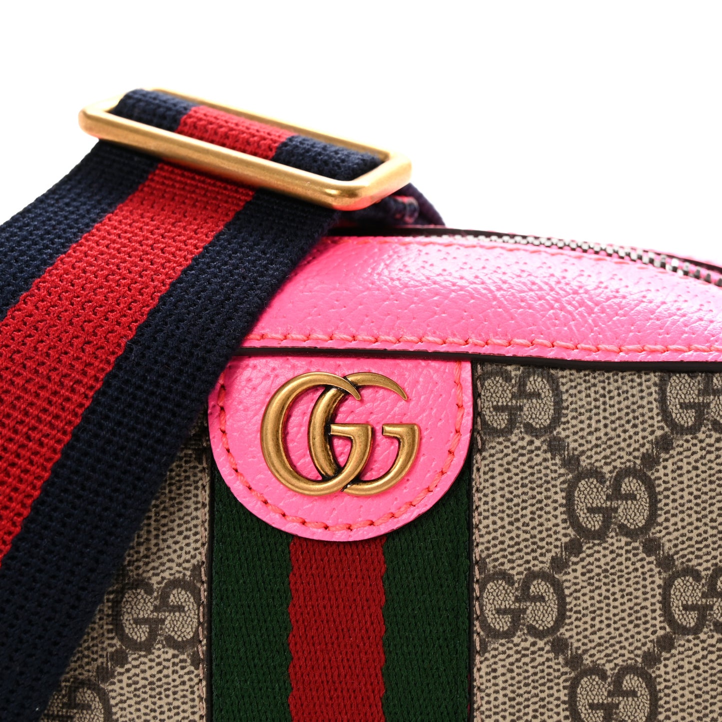 GG Supreme Monogram Textured Dollar Calfskin Web Ophidia Small Crossbody Bag Beige Ebony Fuchsia