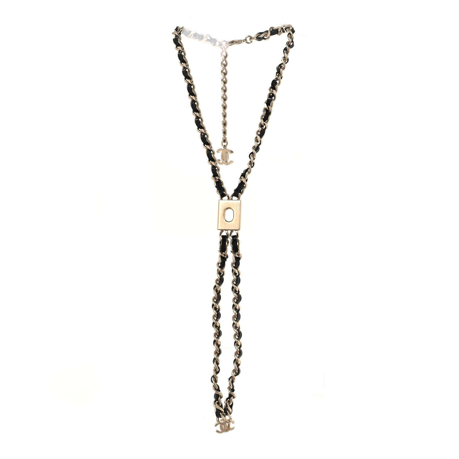 Chanel Metal Lambskin CC Lariat Necklace Black Gold 3 of 7