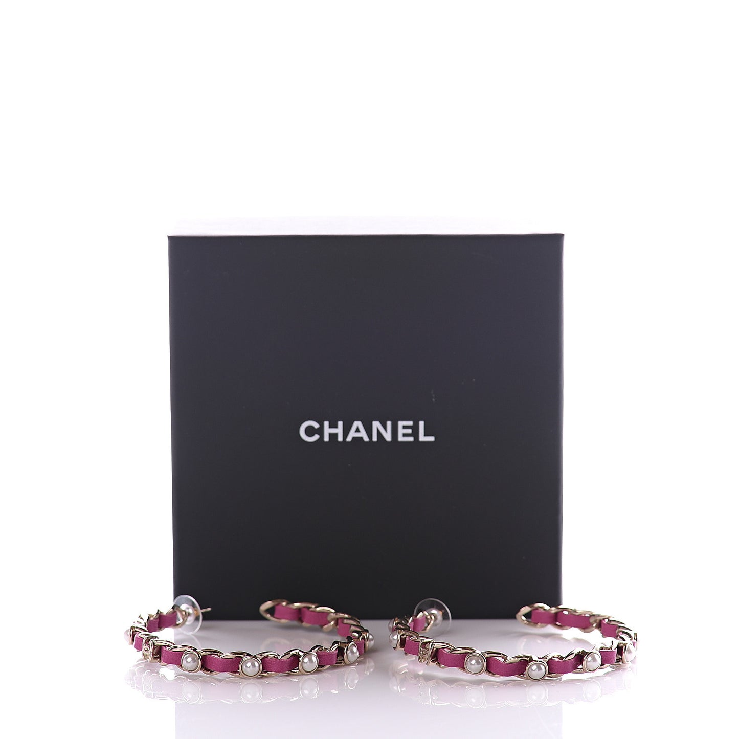 Lambskin Pearl CC Chain Hoop Earrings Gold Pink