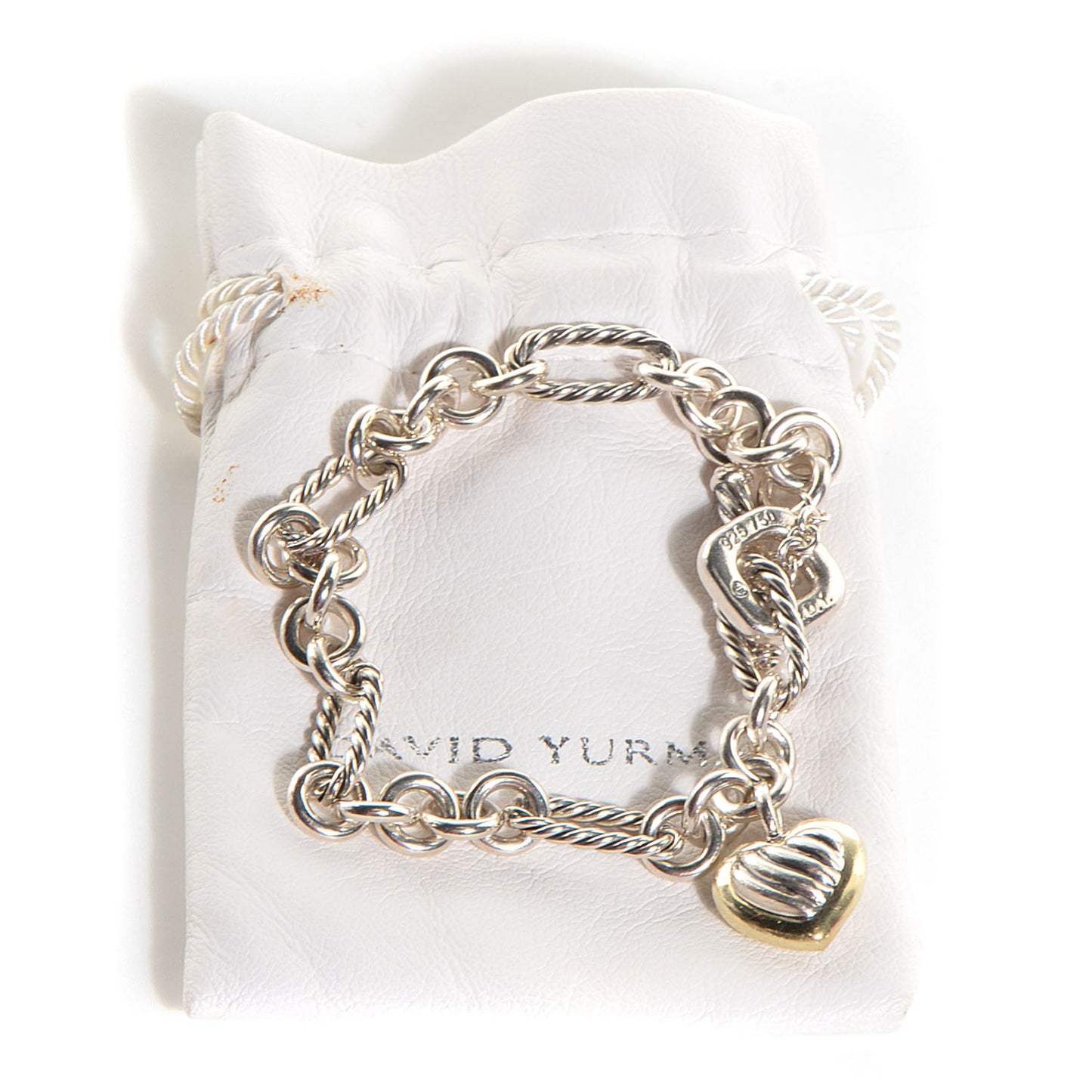 Sterling Silver 18K Yellow Gold Cable Heart Charm Bracelet