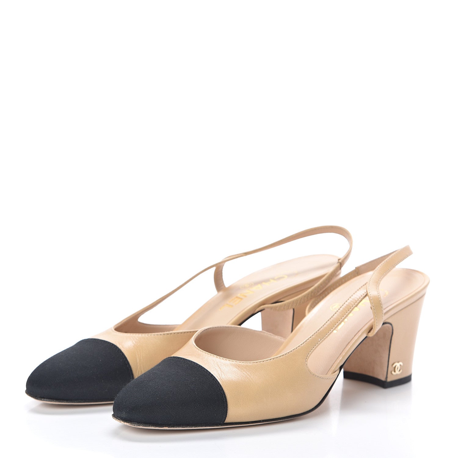 Chanel Goatskin Grosgrain Cap Toe CC Slingback Pumps 39 Beige Black 3 of 7
