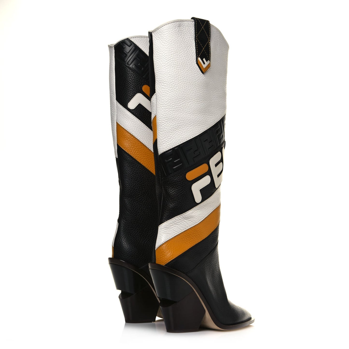 X FILA Grained Calfskin Mania FF 1974 Embossed Cutwalk Tall Boots 41 Black Zucca White