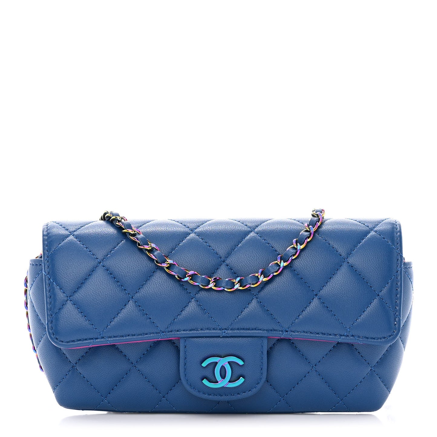 Lambskin Quilted Glasses Case with Chain Dark Blue