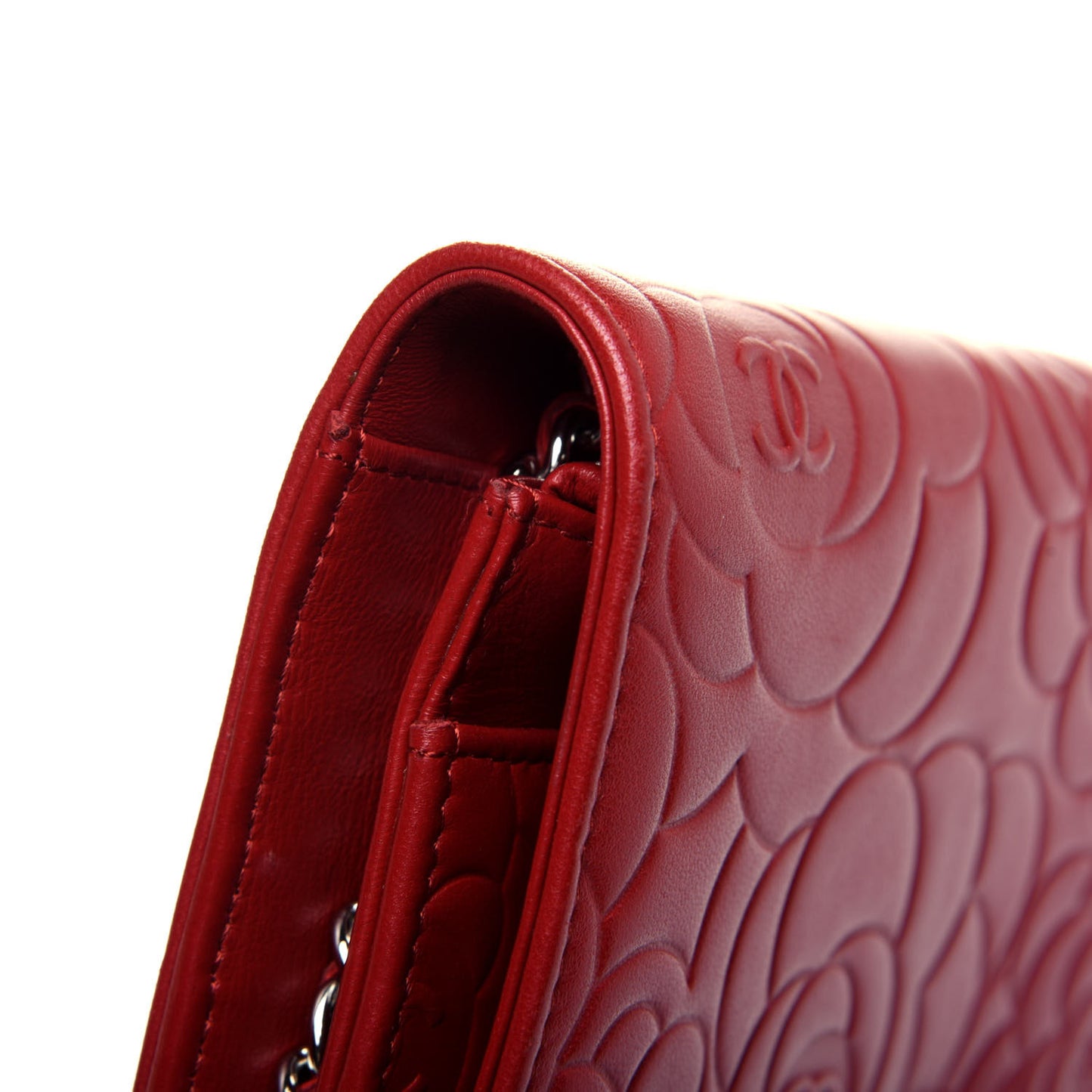 Lambskin Camellia Embossed Wallet On Chain WOC Red