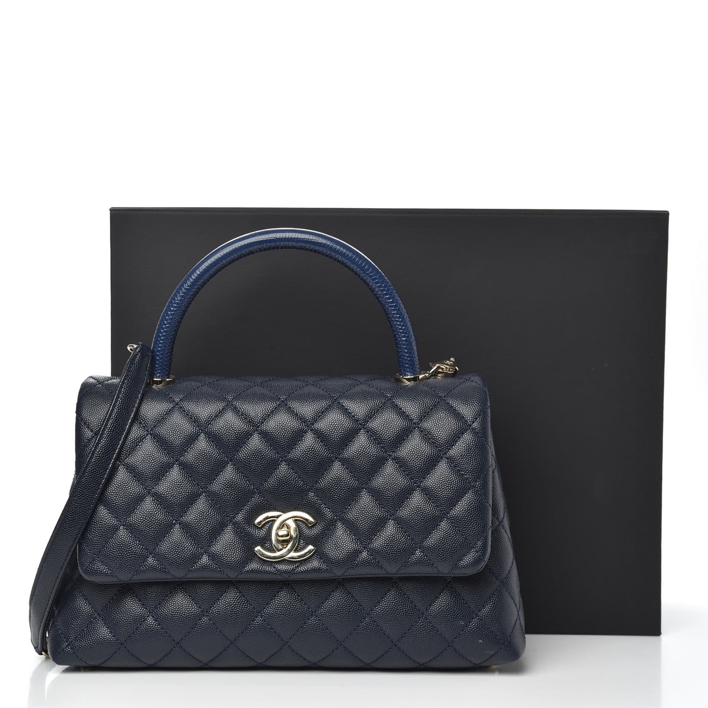 Caviar Lizard Embossed Quilted Small Coco Handle Flap Navy Blue