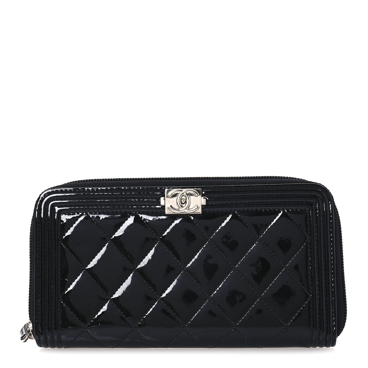 Patent Calfskin Quilted Boy L-Gusset Zip Wallet Black