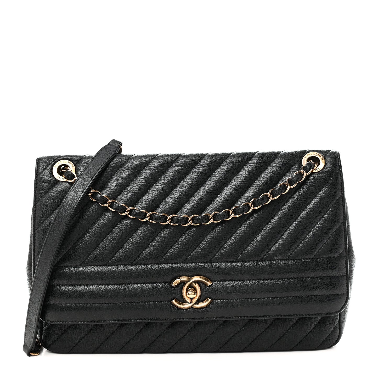 Shiny Goatskin Diagonal Quilted Large Flap Black