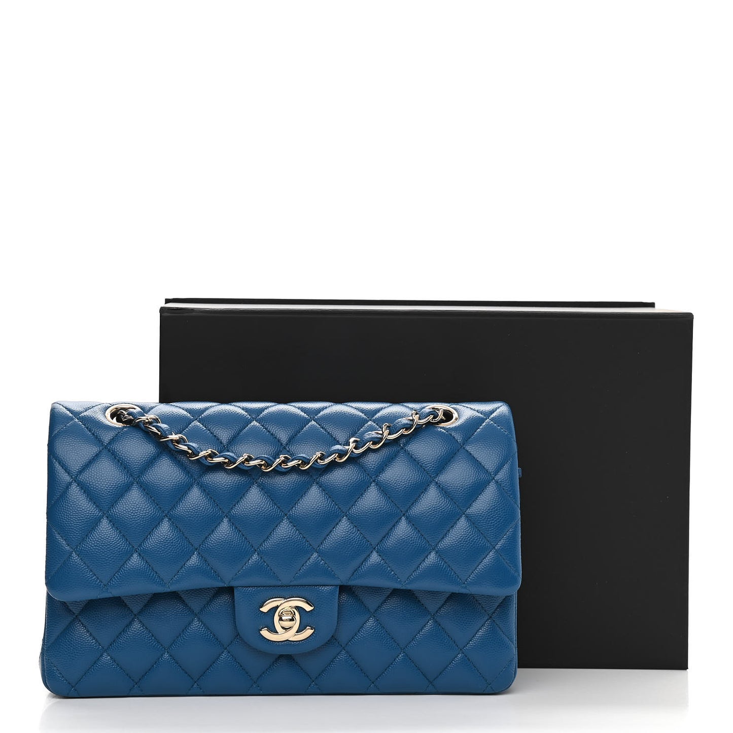 Caviar Quilted Medium Double Flap Blue