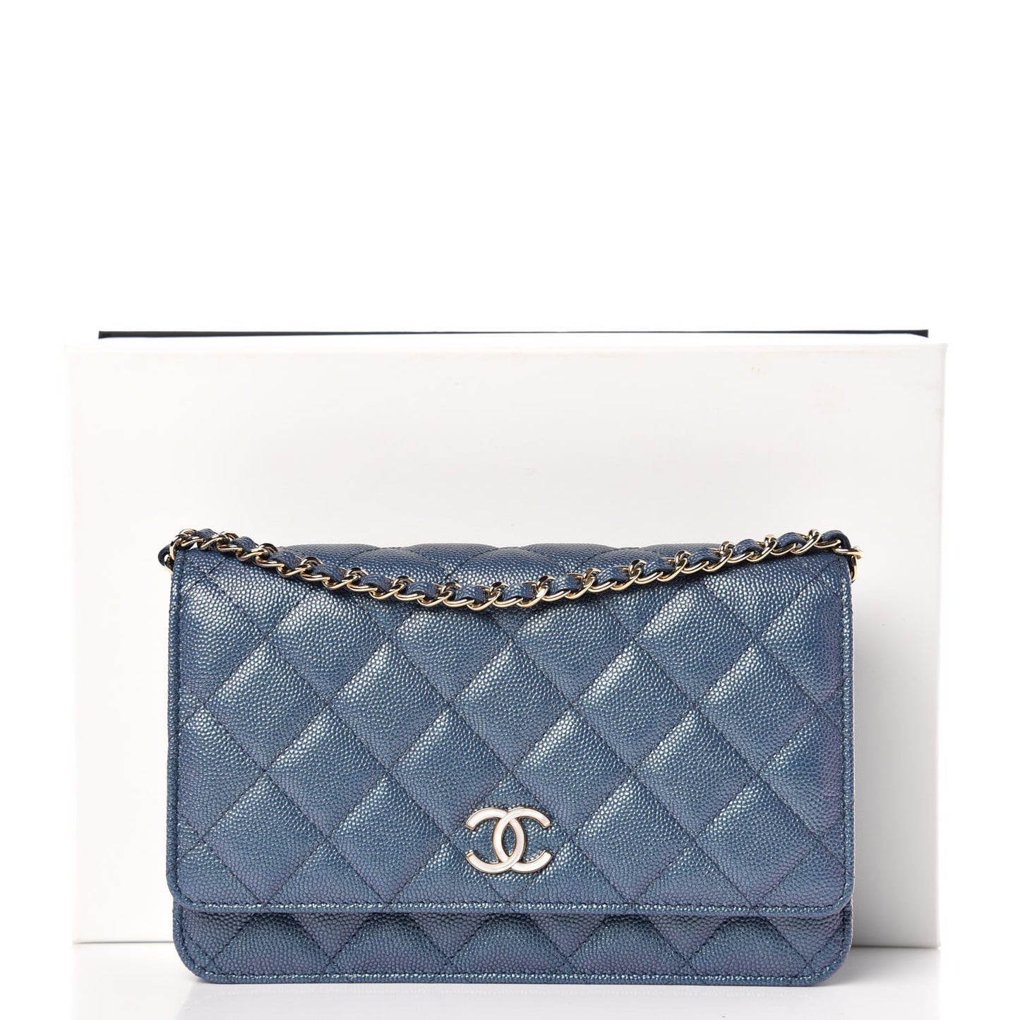 Iridescent Caviar Quilted Wallet On Chain WOC Dark Blue
