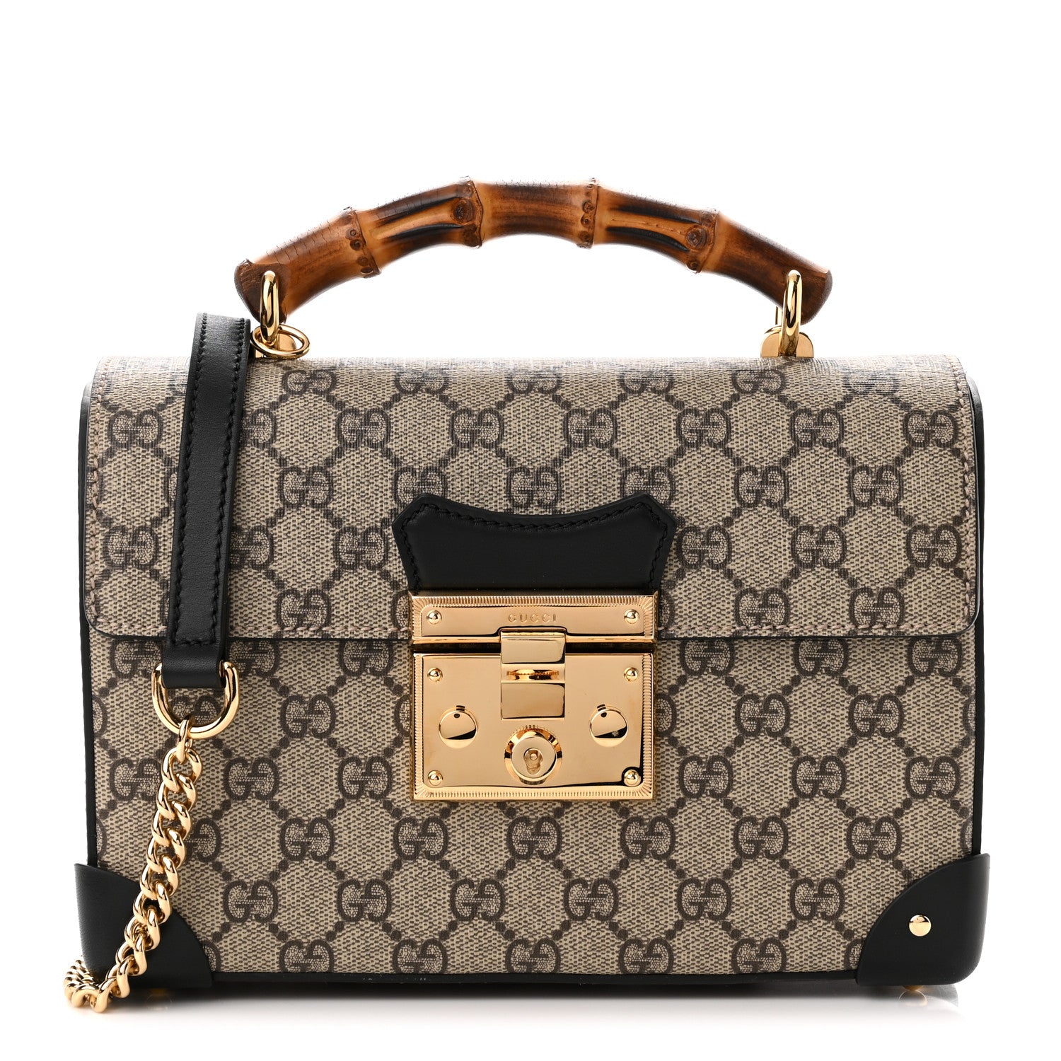 Gucci GG Supreme Monogram Small Padlock Bamboo Shoulder Bag Beige Black Cuir 1 of 10