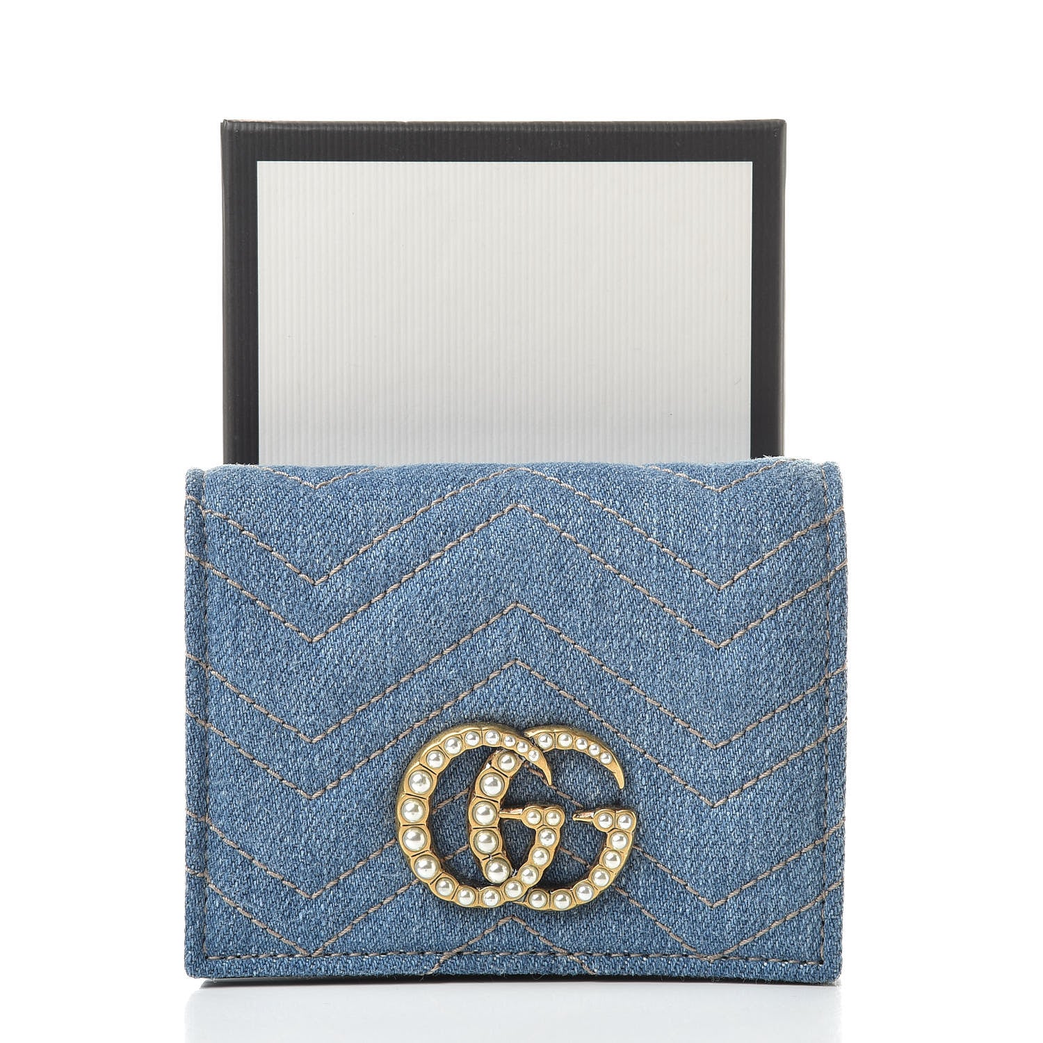 Gucci Denim Matelasse Pearly GG Marmont Card Case Wallet Blue