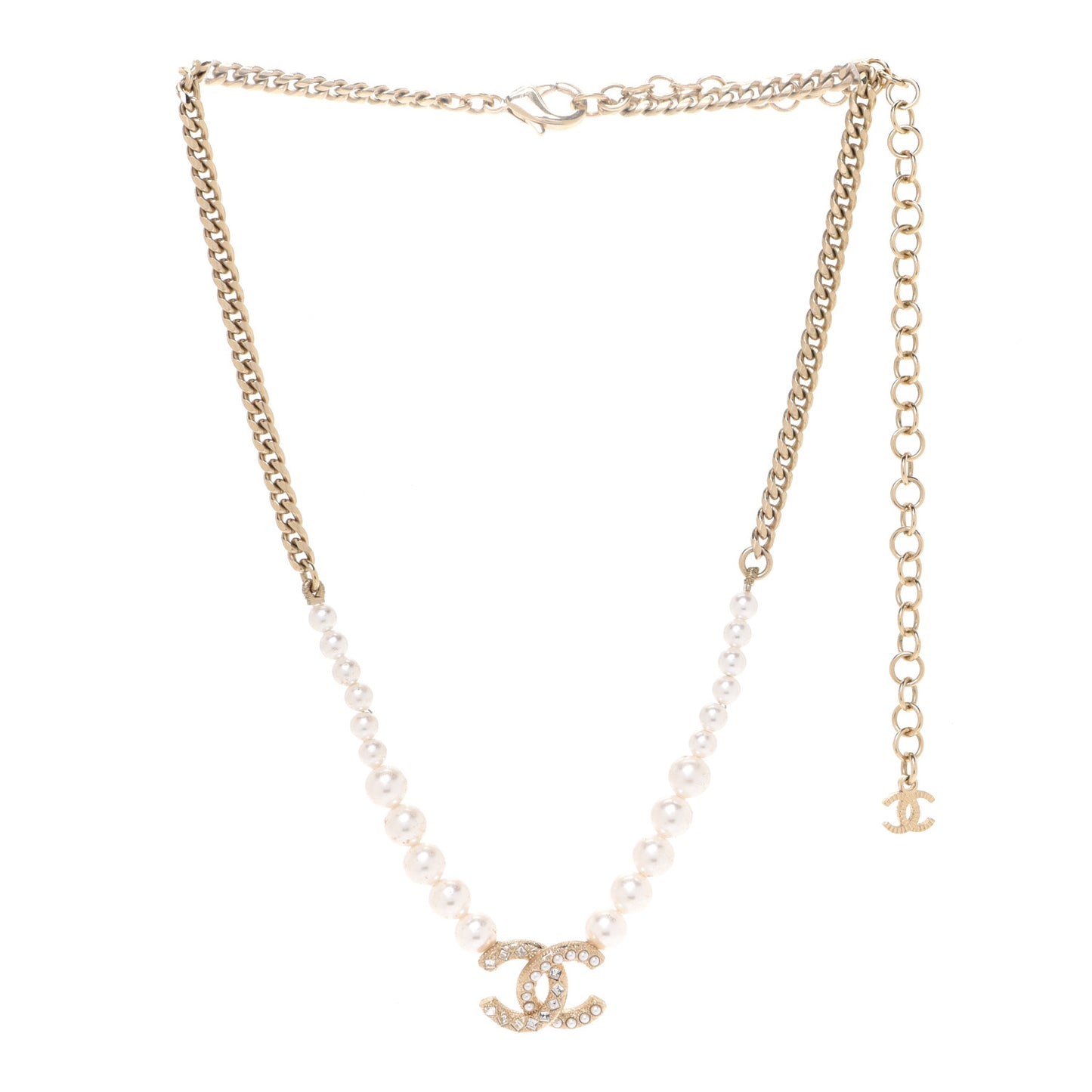 Pearl Crystal Chain CC Necklace Gold