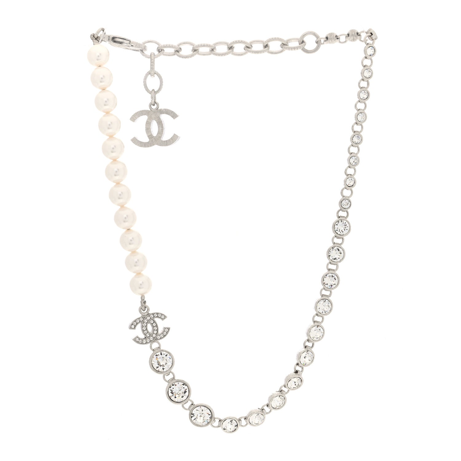 Chanel Pearl Crystal CC Choker Necklace Silver 3 of 5
