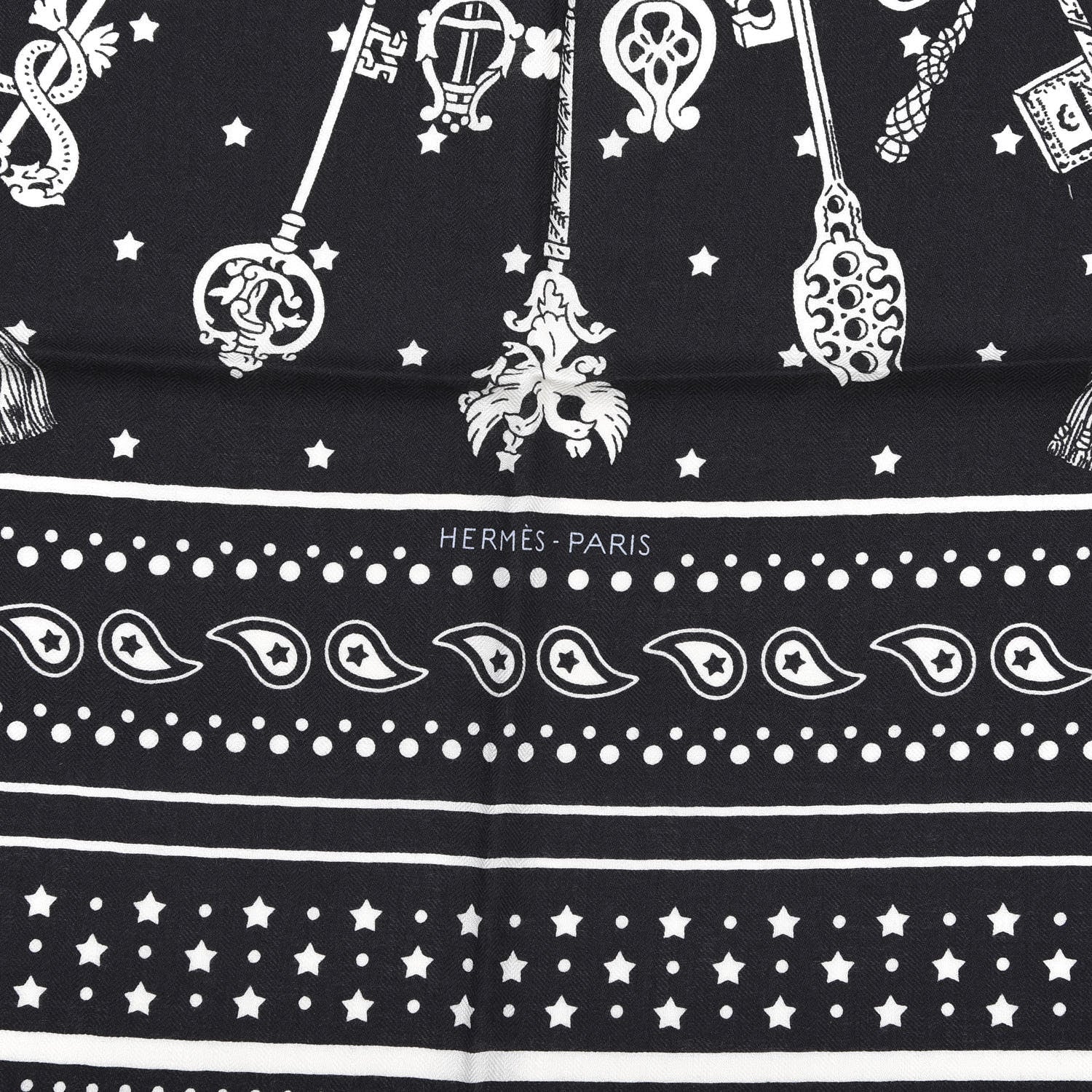 Hermes Cashmere Silk Les Cles Bandana Shawl 140 Black White 2 of 4