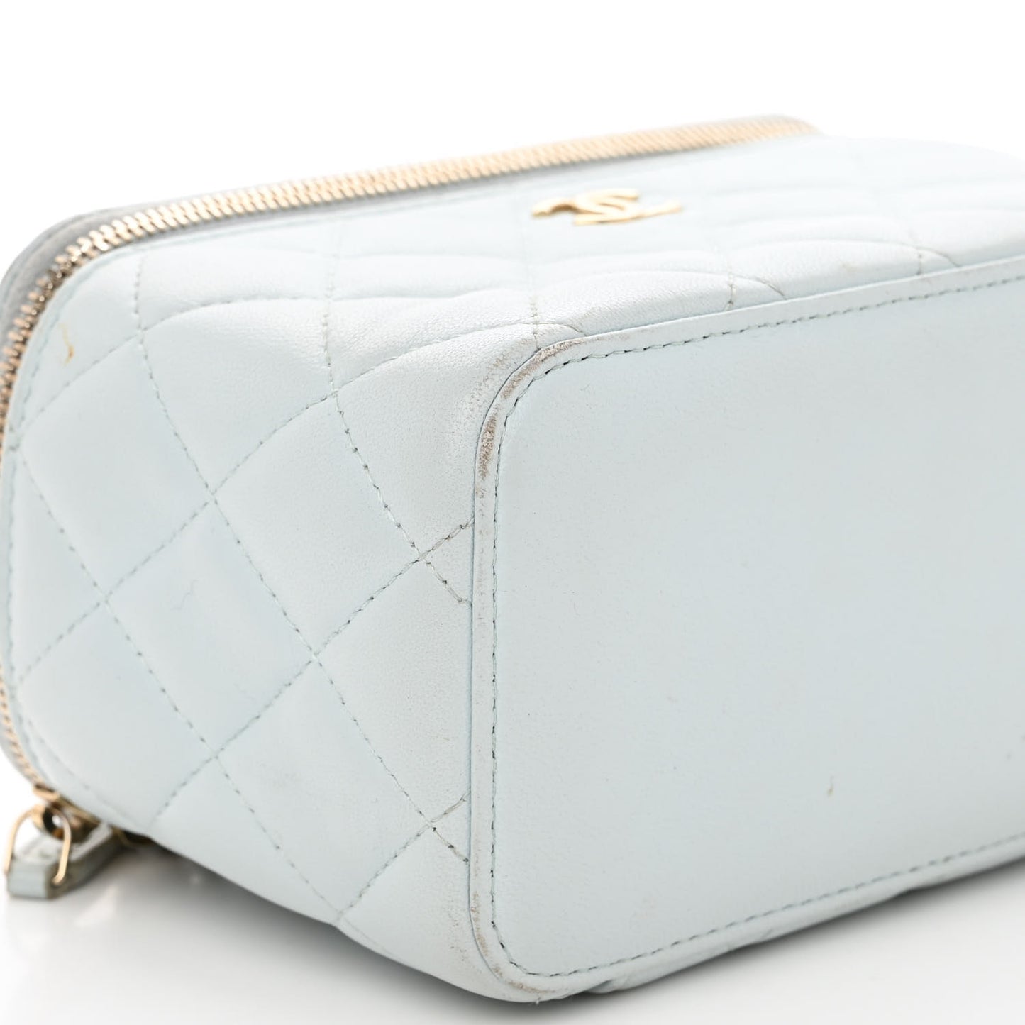 Lambskin Quilted Small Top Handle Vanity Case With Chain Light Blue