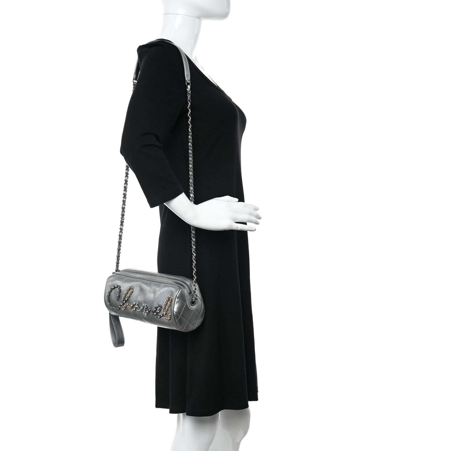 Metallic Lambskin Signe Bowling Bag Silver