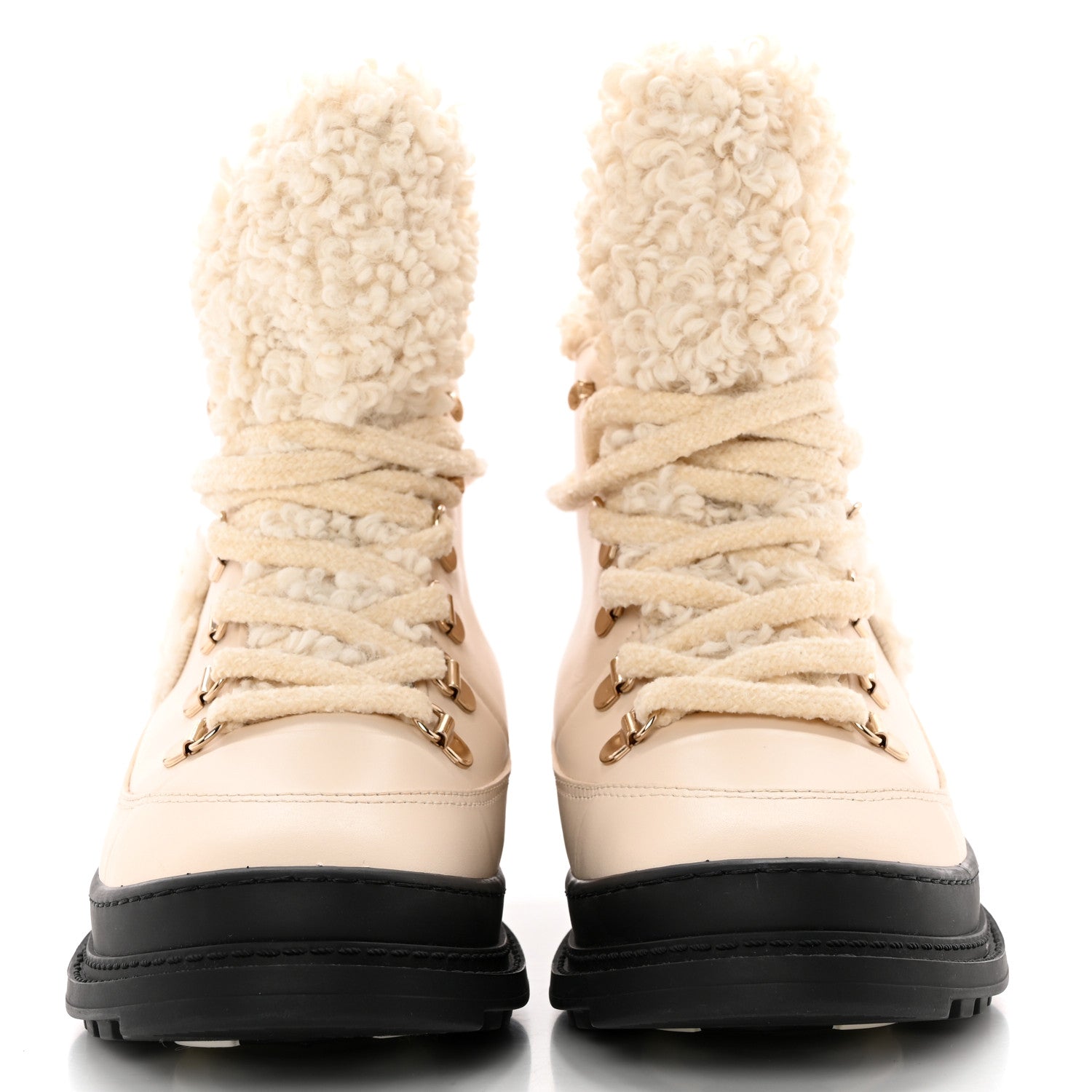 Chanel Calfskin Shearling CC Lace Up Boots 36 Light Beige Ivory 2 of 16