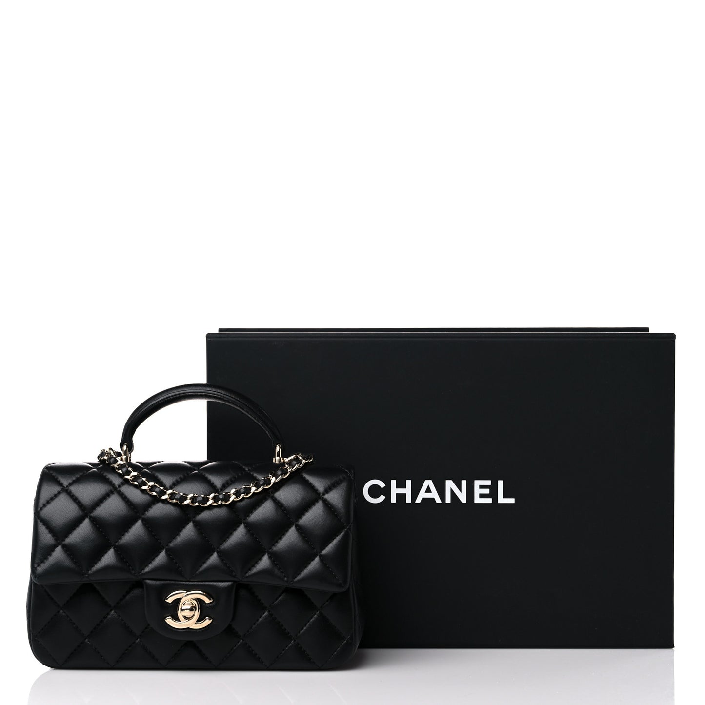 Lambskin Quilted Mini Top Handle Rectangular Flap Black