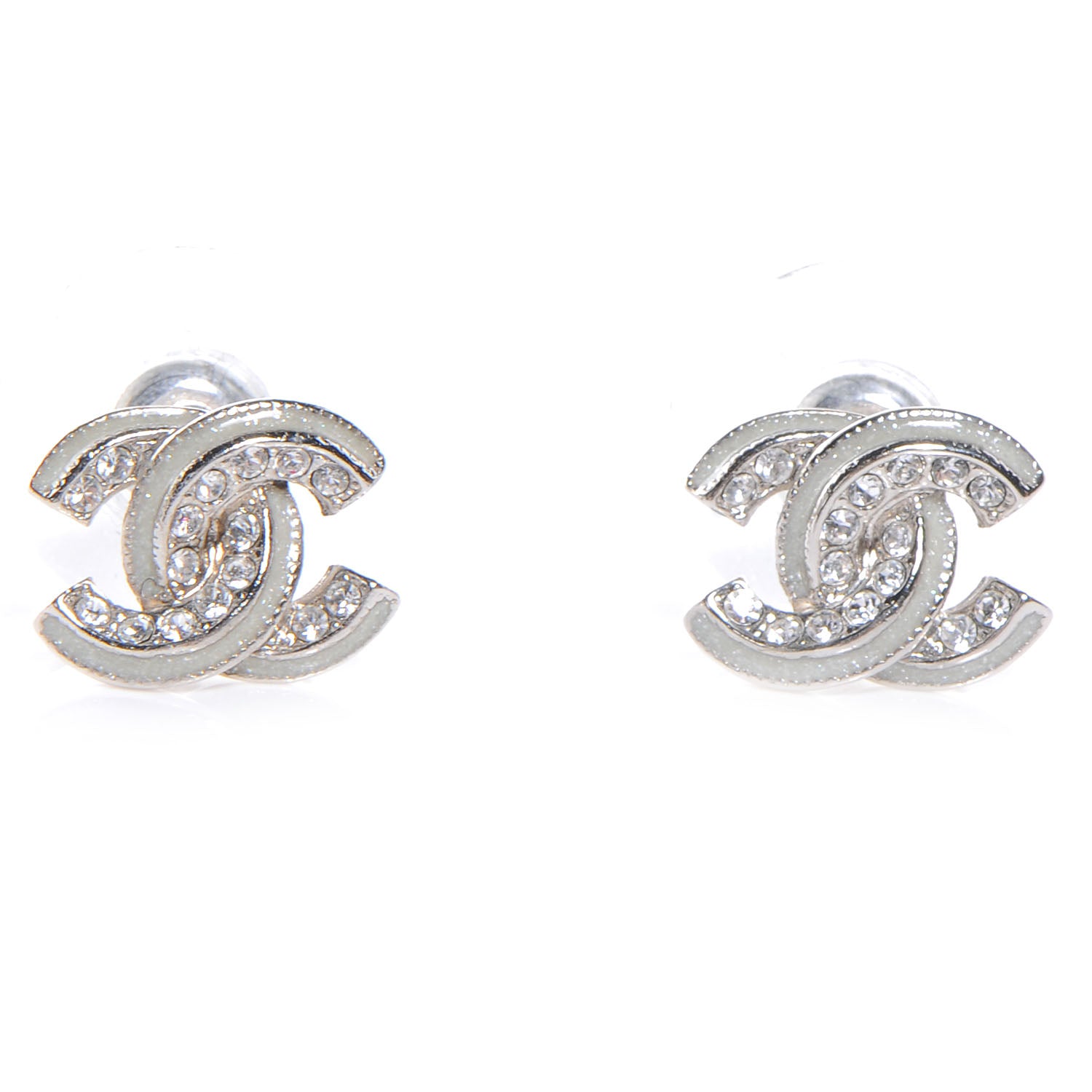 Chanel Metal Crystal Glitter Enamel CC Earrings Silver 1 of 5