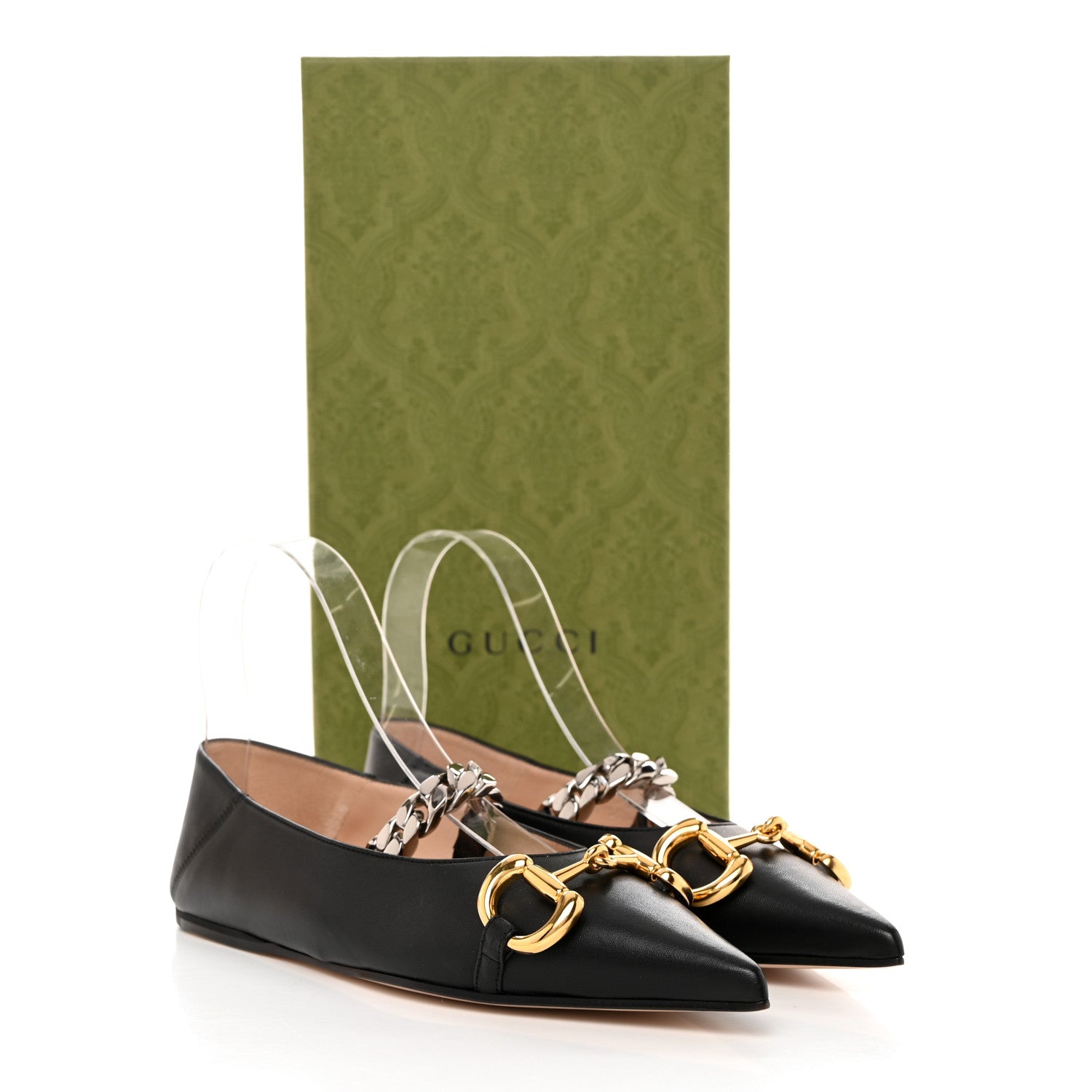 Gucci Nappa Lumiere Deva Horsebit Chain Embellished Flats 35.5 Black 2 of 9