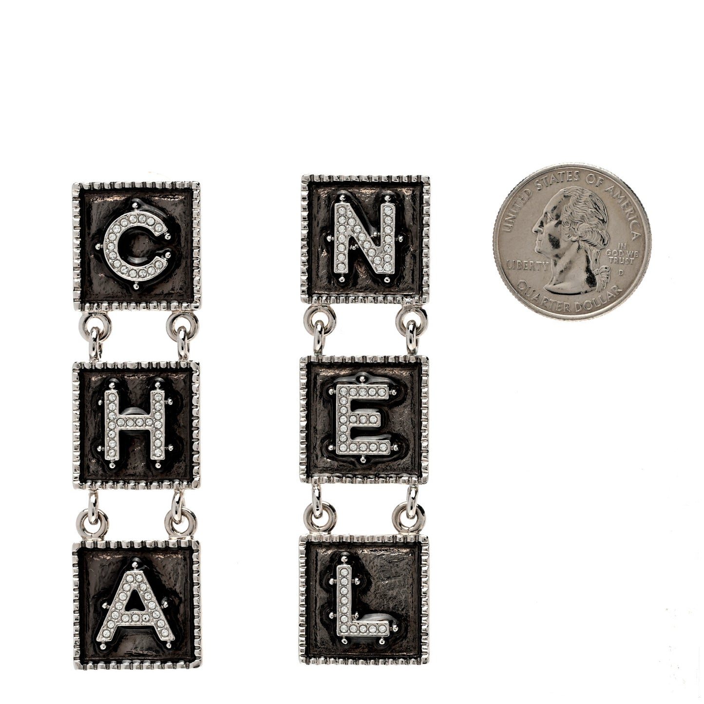 Metal Crystal Cha-Nel Logo Drop Earrings Silver