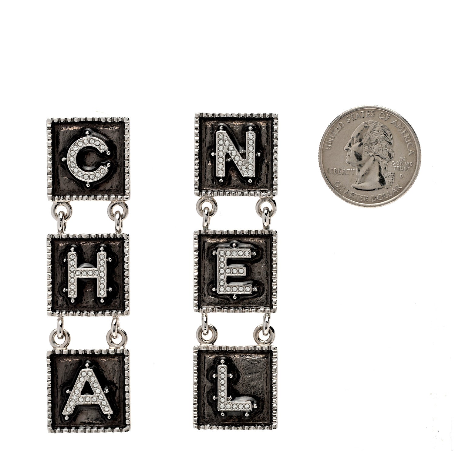 Chanel Metal Crystal Cha-Nel Logo Drop Earrings Silver 2 of 5