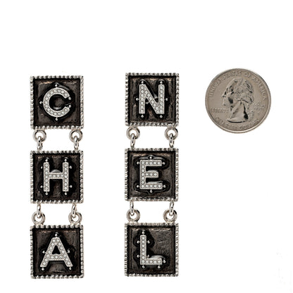 Chanel Metal Crystal Cha-Nel Logo Drop Earrings Silver 2 of 5