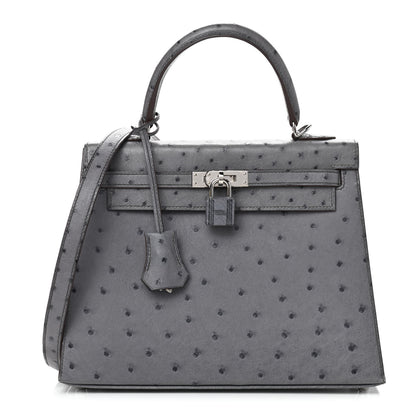 Hermes Ostrich Horseshoe Kelly Sellier 25 Gris Agate Bleu Nuit 1 of 13