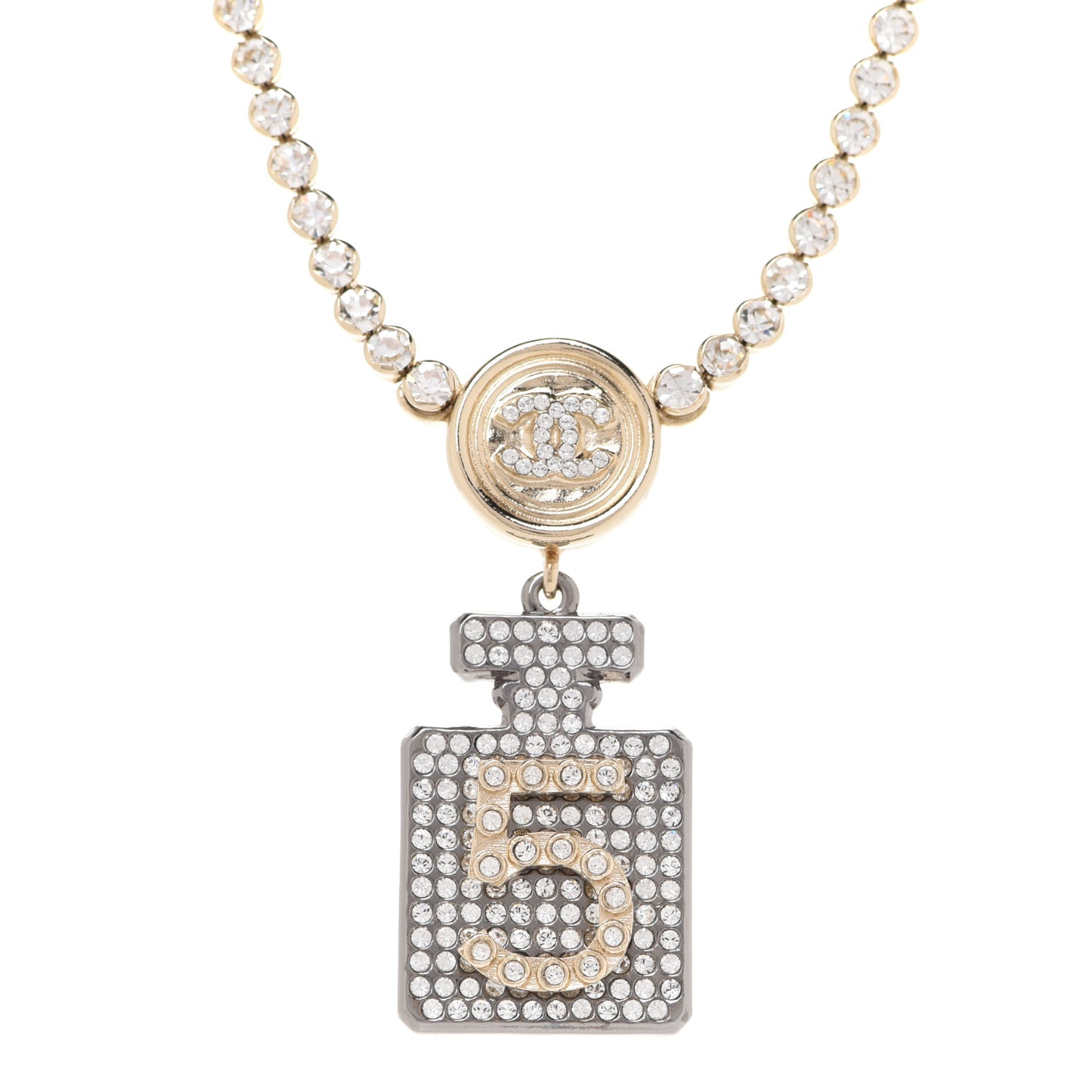 Crystal CC Perfume Bottle Necklace Gold