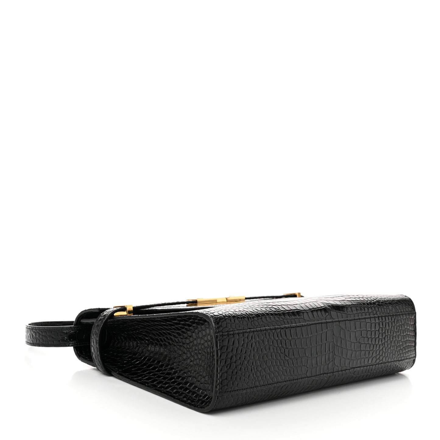 Shiny Calfskin Crocodile Embossed Manhattan Baguette Black