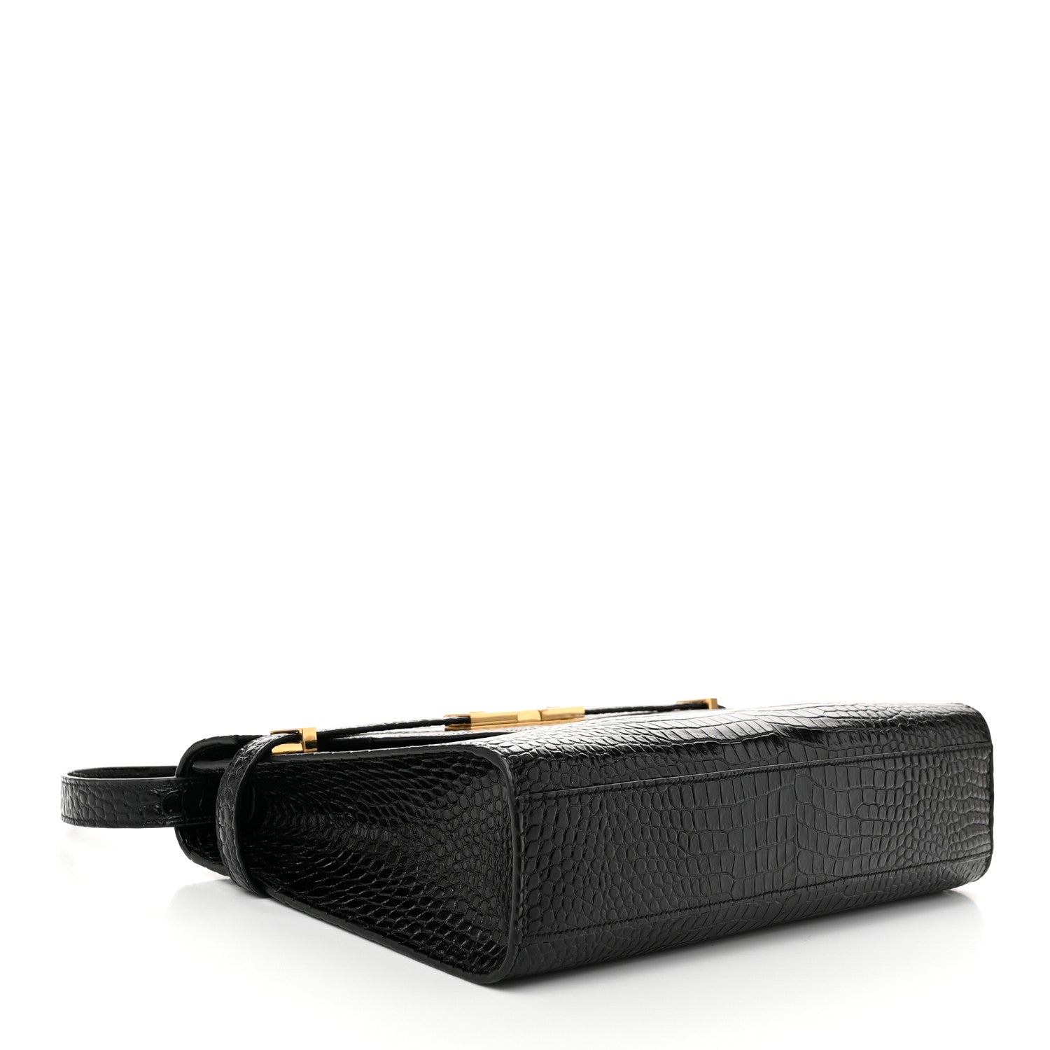 Saint Laurent Shiny Calfskin Crocodile Embossed Manhattan Baguette Black 4 of 9